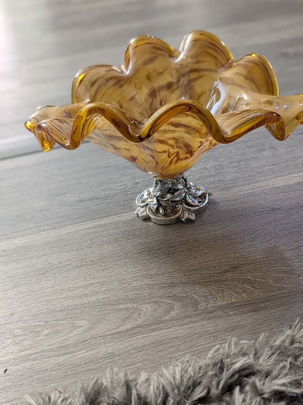 Murano Amber Ruffled Glass Compote with Decorative Silver Base